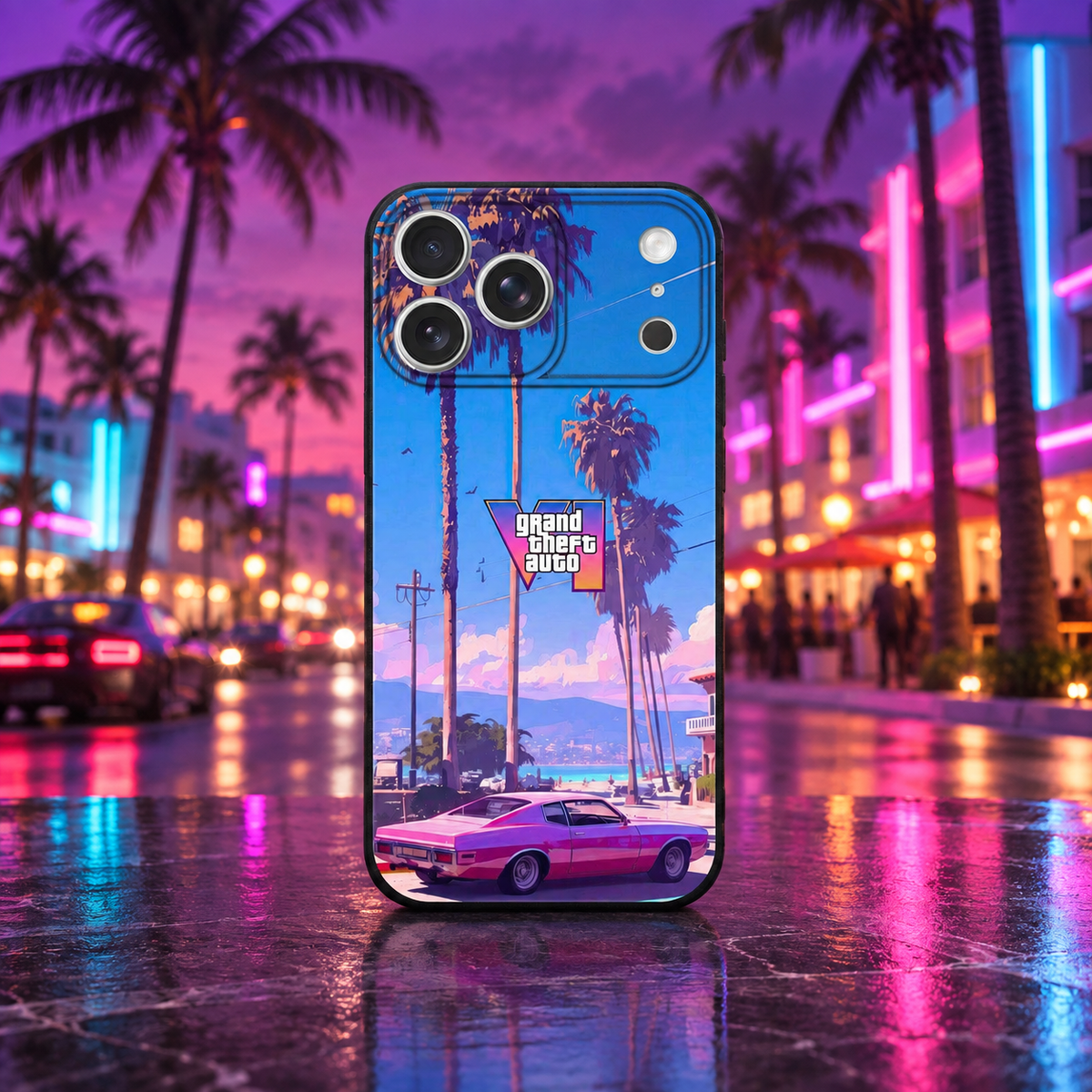 GTA VI Palm Beach iPhone case — Miami neon mockup