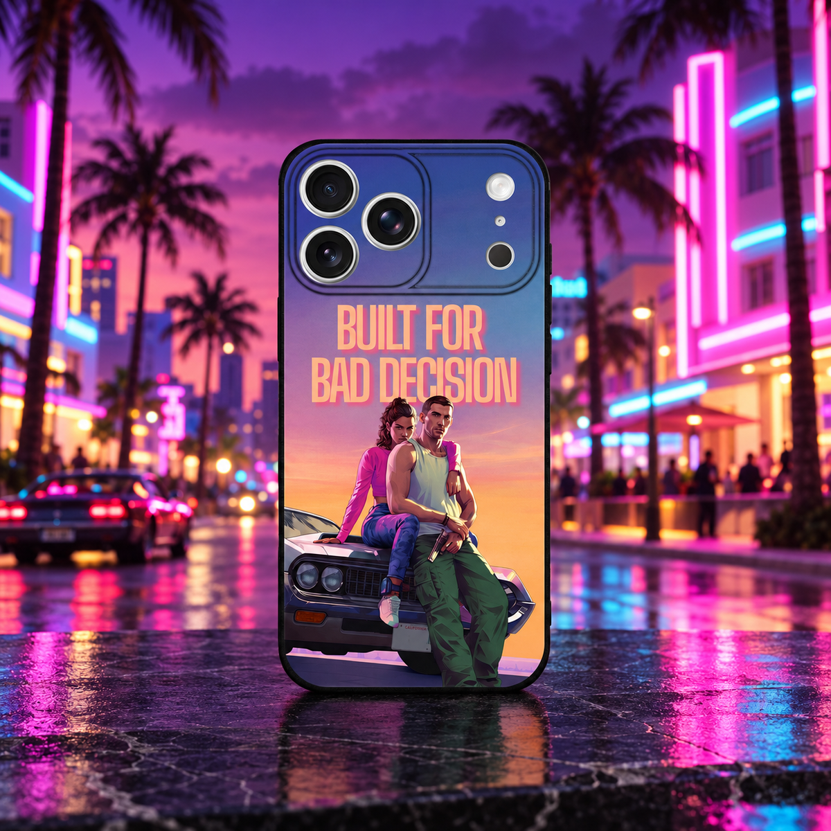 GTA VI - Jason & Lucia iPhone case — Miami neon mockup