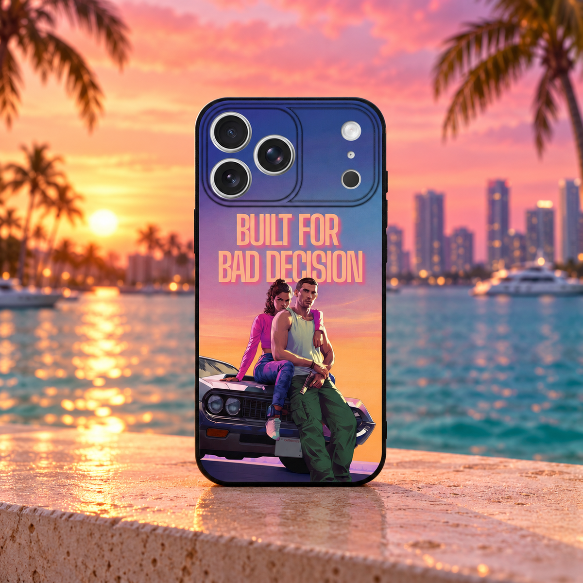 GTA VI - Jason & Lucia iPhone case — Miami sunset mockup