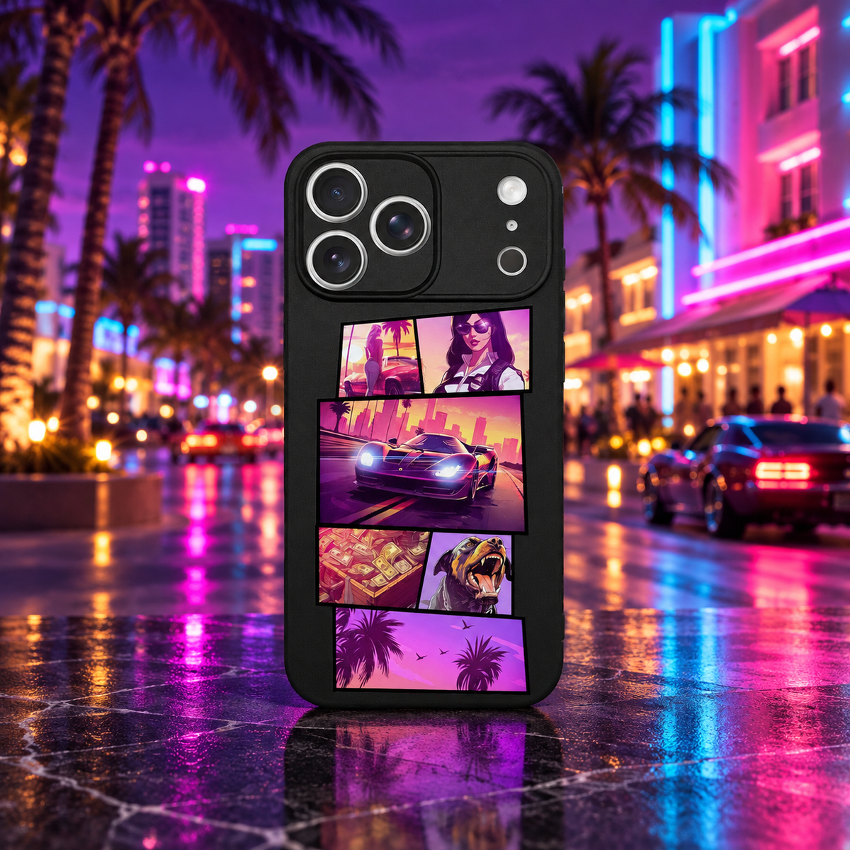 GTA VI Neon Night City iPhone case — Miami neon mockup