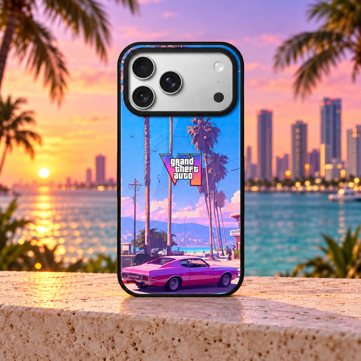 GTA VI Logo Palm Beach - MagSafe® Edition iPhone case — Miami sunset mockup