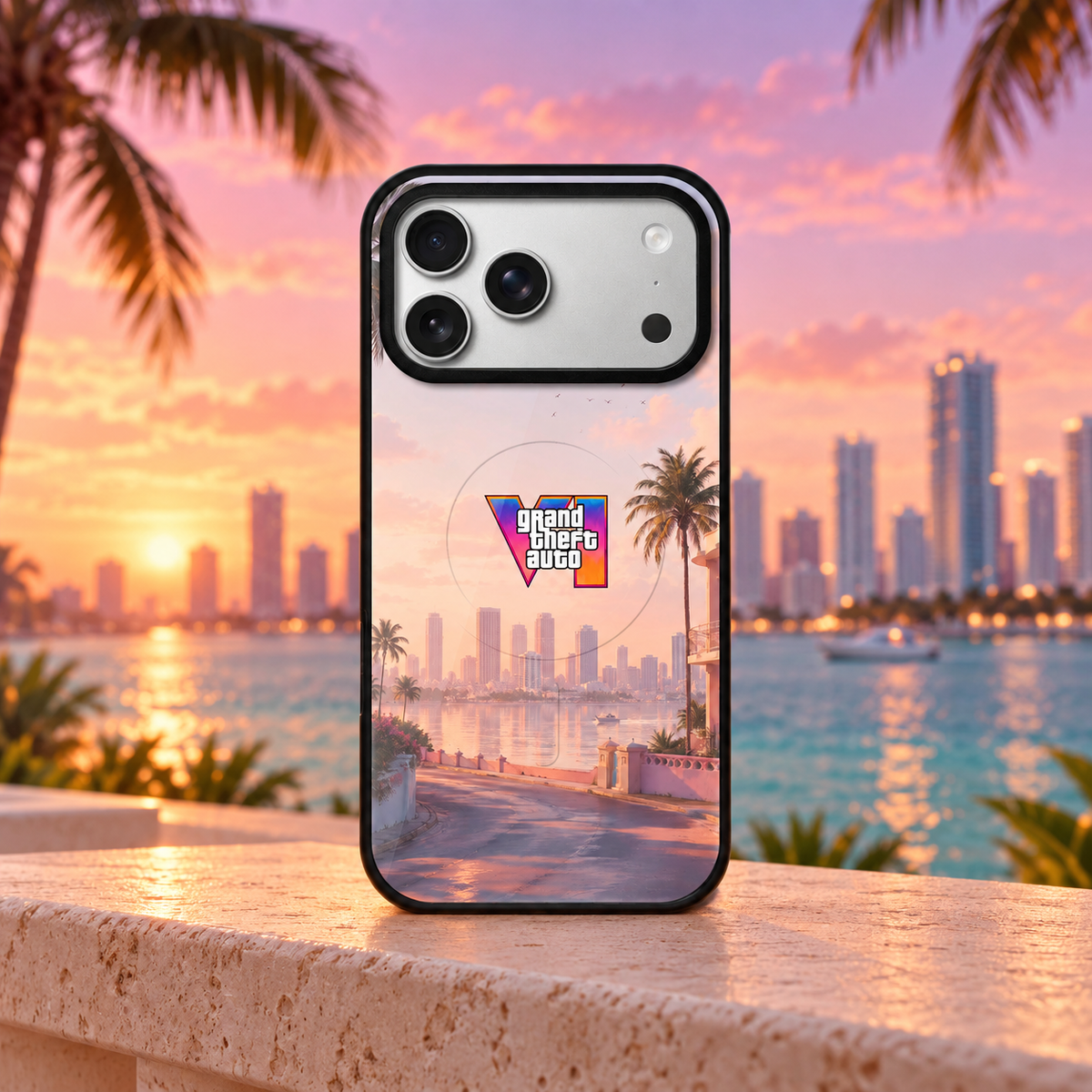GTA VI Miami Skyline Sunset - MagSafe® Edition iPhone case — Miami sunset mockup