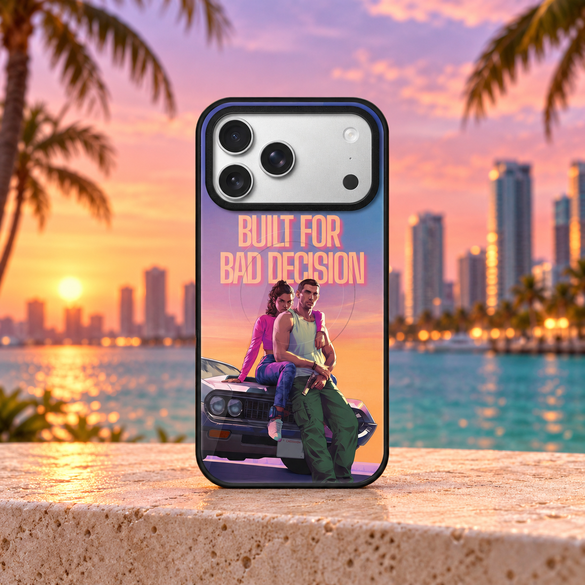 GTA VI - Jason & Lucia - MagSafe® Edition iPhone case — Miami sunset mockup