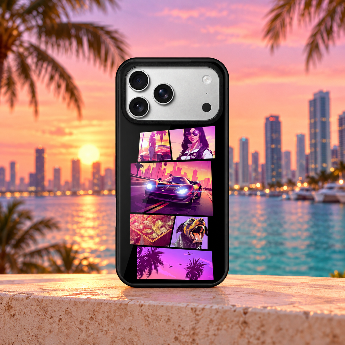 GTA VI Neon Night City - MagSafe® Edition iPhone case — Miami sunset mockup