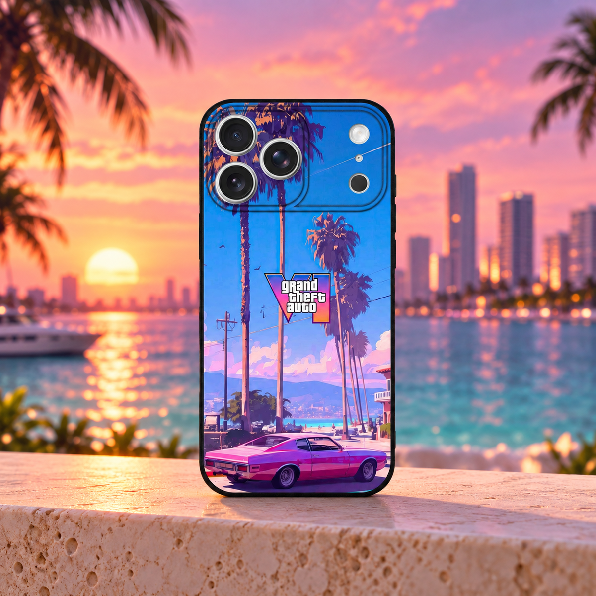 GTA VI Palm Beach iPhone case — Miami sunset mockup